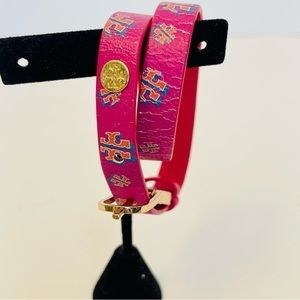 Tory Burch- Crazy Logo Pink Double Wrap Leather Buckle Bracelet